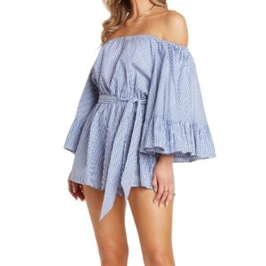Blue and white stripe off shoulder romper, flowy sleeves